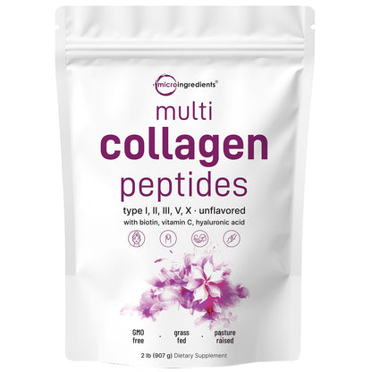 Micro Ingredients Multi Collagen Peptides Powder - Hydrolyzed Protein Peptides (Type I,II,III,V,X) with Hyaluronic Acid, Biotin & Vitamin C Unflavored Healthcare Dietary