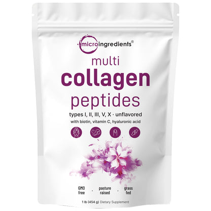 Micro Ingredients Multi Collagen Peptides Powder - Hydrolyzed Protein Peptides (Type I,II,III,V,X) with Hyaluronic Acid, Biotin & Vitamin C Unflavored Healthcare Dietary