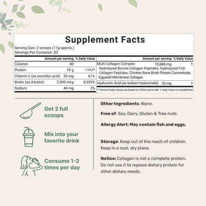 Micro Ingredients Multi Collagen Peptides Powder - Hydrolyzed Protein Peptides (Type I,II,III,V,X) with Hyaluronic Acid, Biotin & Vitamin C Unflavored Healthcare Dietary